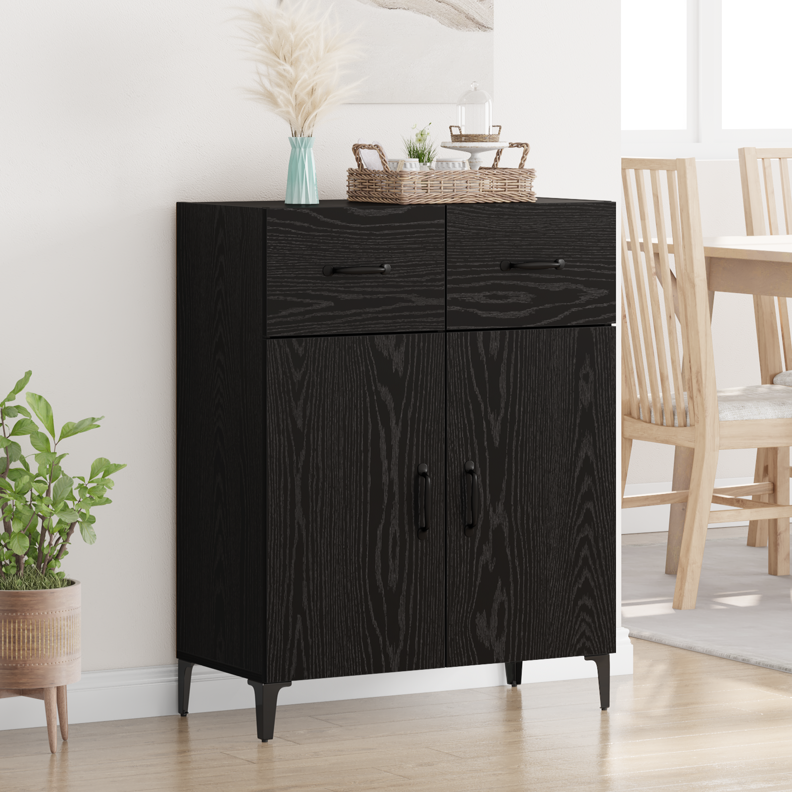 Sideboard med skuffe Sort eg 69,5 x 34 x 90 cm Konstrueret træ