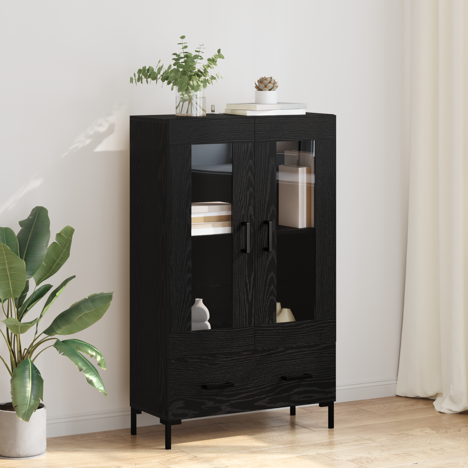 Highboard med skuffe Sort eg 69,5 x 31 x 115 cm Konstrueret træ