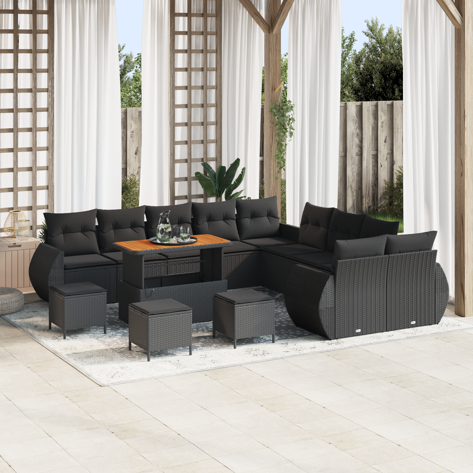 Havesofa Sæt 14 pcs Sort Polyrattan og pulverlakeret stål