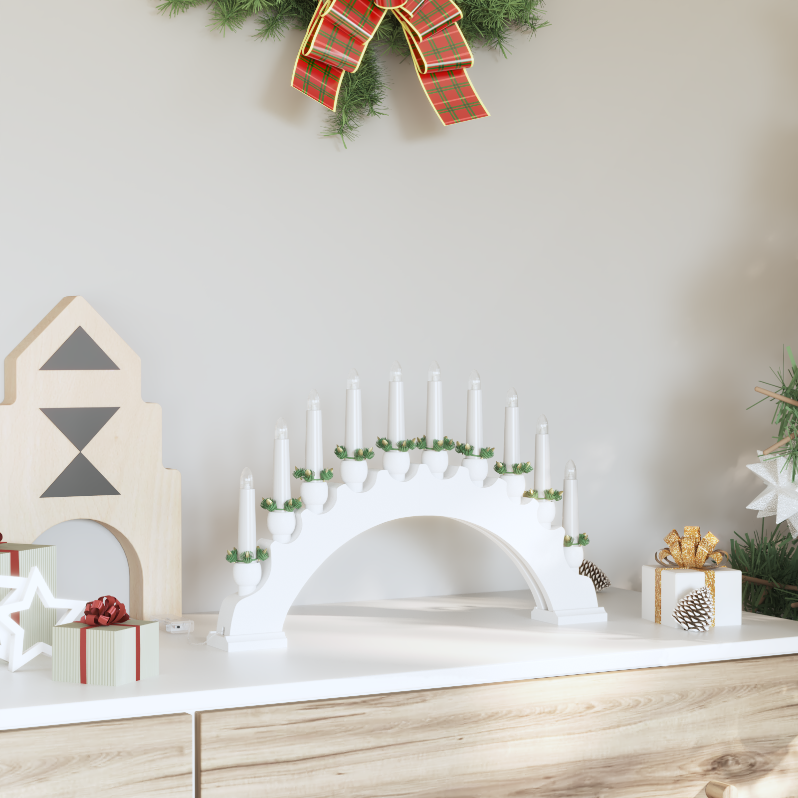 Julelys Bue med 10 LED Lys Hvid 47 x 5 x 29 cm Massivt fyrretræ