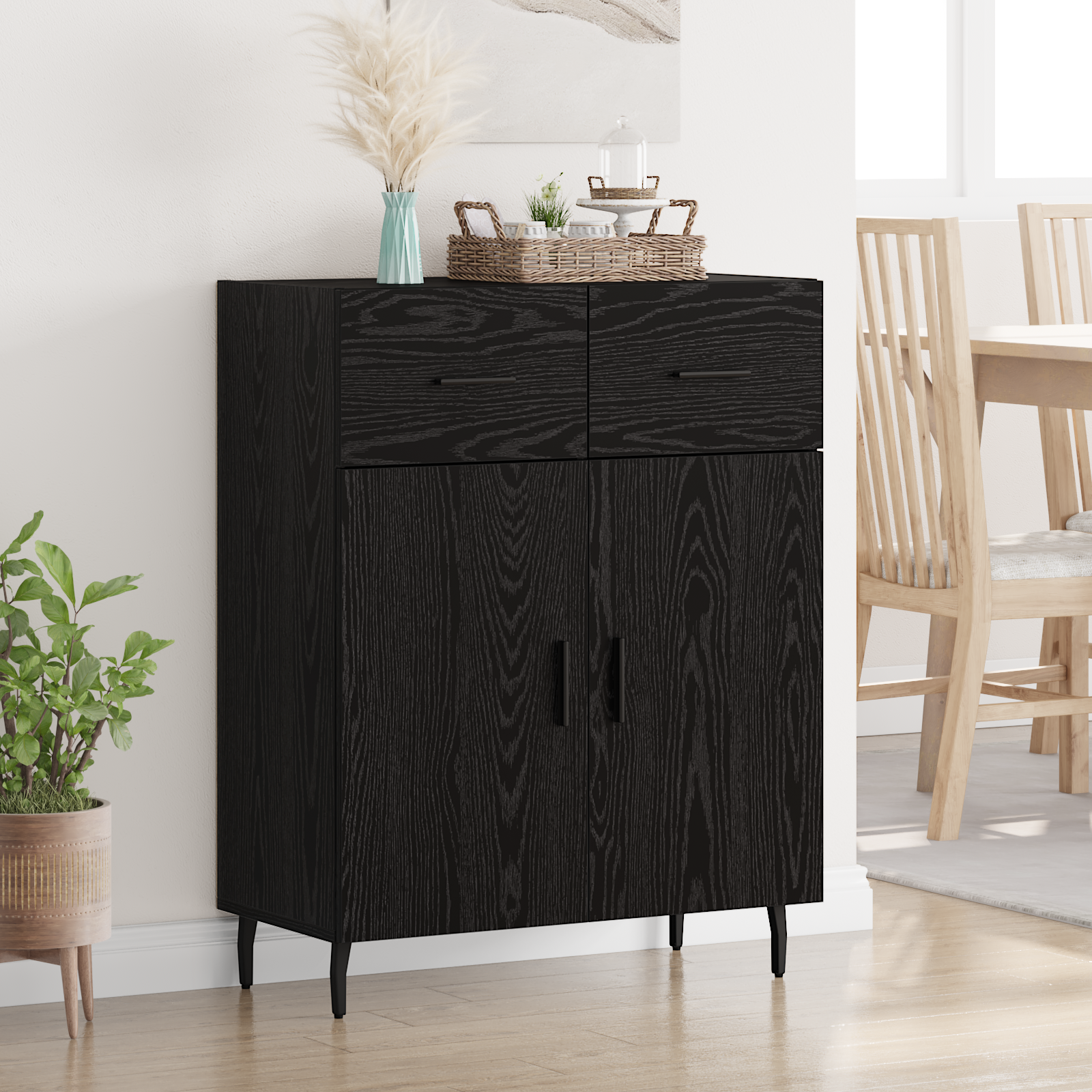 Sideboard med skuffe Sort eg 69,5 x 34 x 90 cm Konstrueret træ