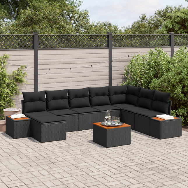 Havesofa Sæt med pude med opbevaring 9 pcs Sort Polyrattan