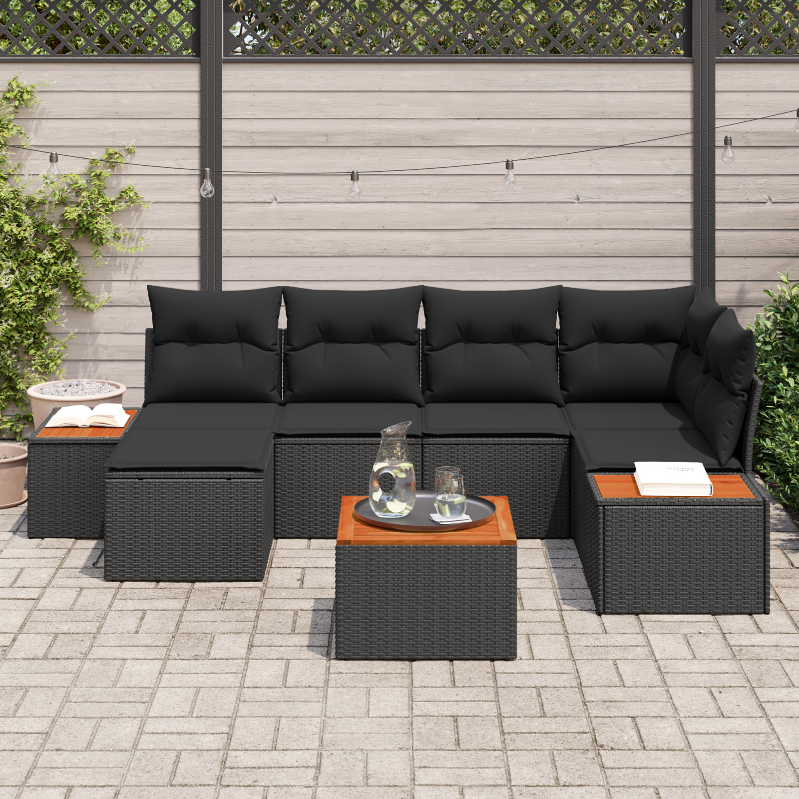 Havesofa Sæt med pude med opbevaring 7 pcs Sort Polyrattan