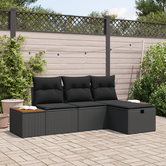 Havesofa Sæt med pude med opbevaring 4 pcs Sort polyrattan