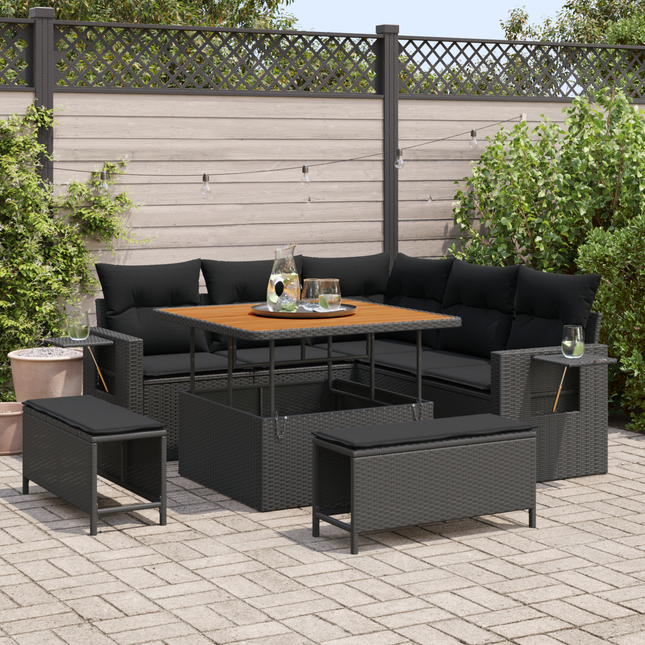Havesofa Sæt med pude 9 pcs Sort polyrattan