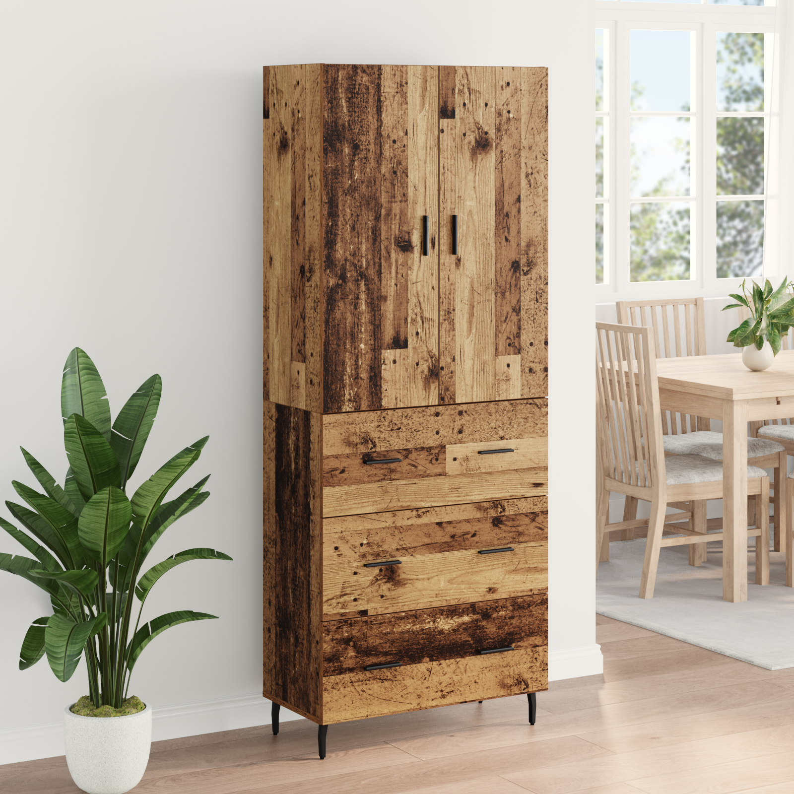 Highboard med skuffe 2 pcs Gammelt træ Ingeniørtræ og glas