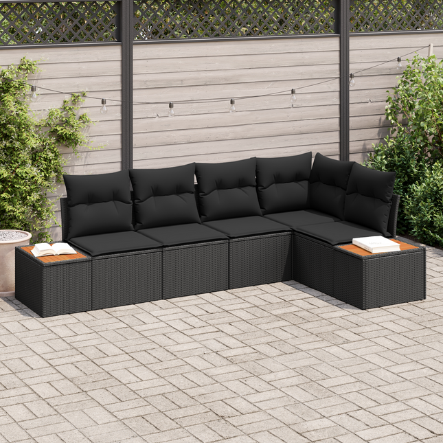 Havesofa Sæt med pude med opbevaring 5 pcs Sort Poly rattan