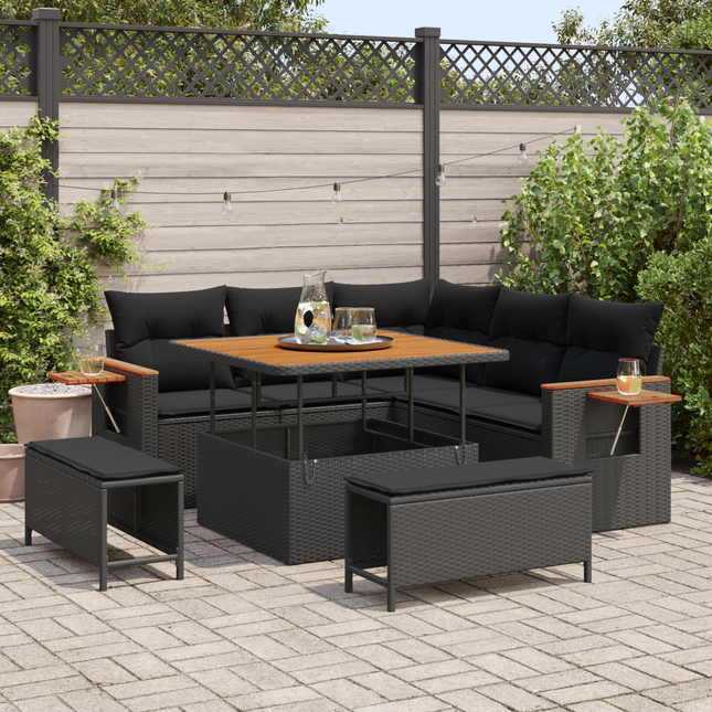 Havesofa Sæt med pude 9 pcs Sort polyrattan