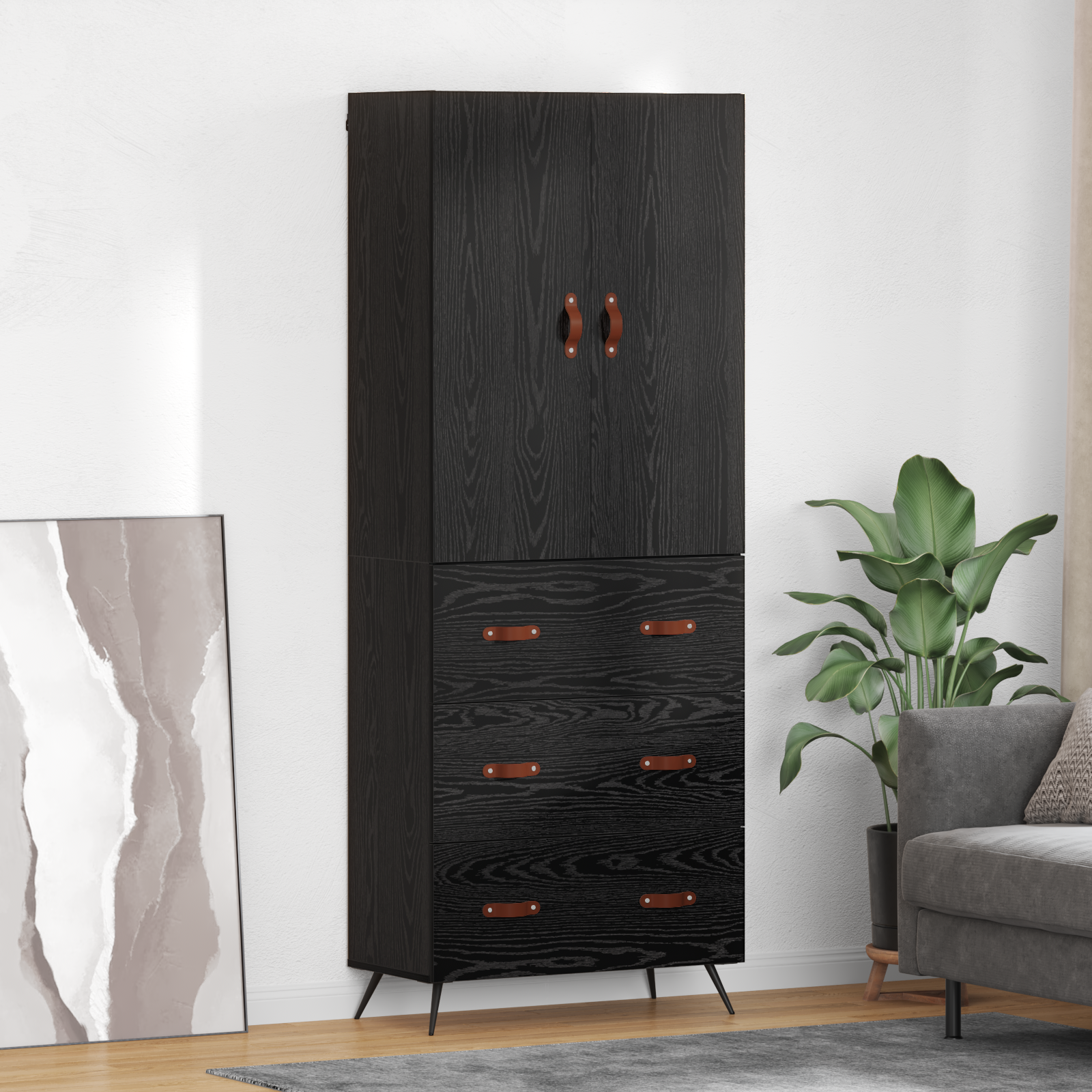Highboard med skuffe Sort eg 69,5 x 34 x 180 cm Konstrueret træ
