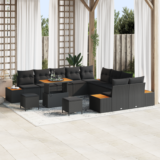 Havesofa Sæt med pude med opbevaring 13 pcs Sort Poly rattan