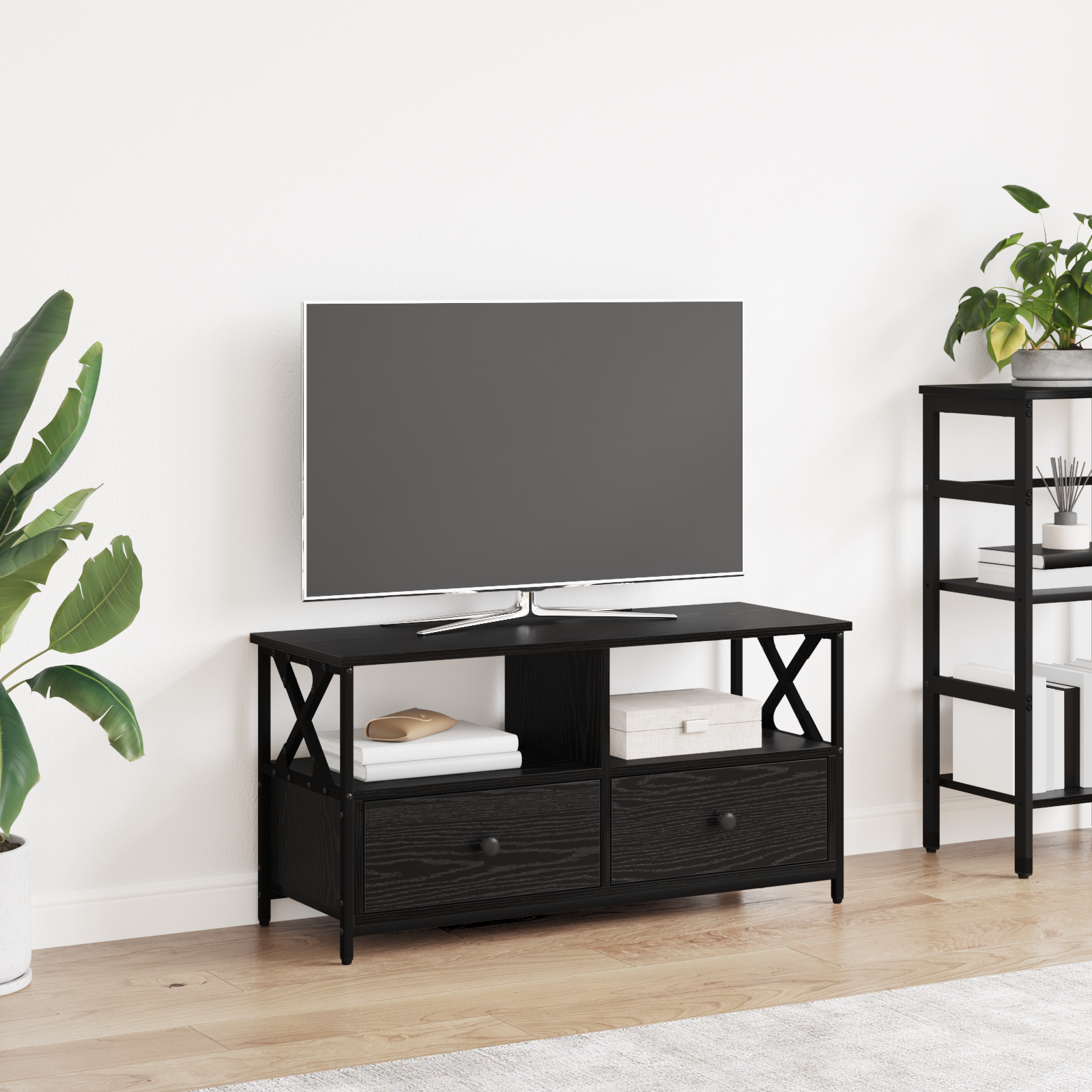TV-skab med skuffe Sort eg 90 x 33 x 45 cm Ingeniørtræ og stål