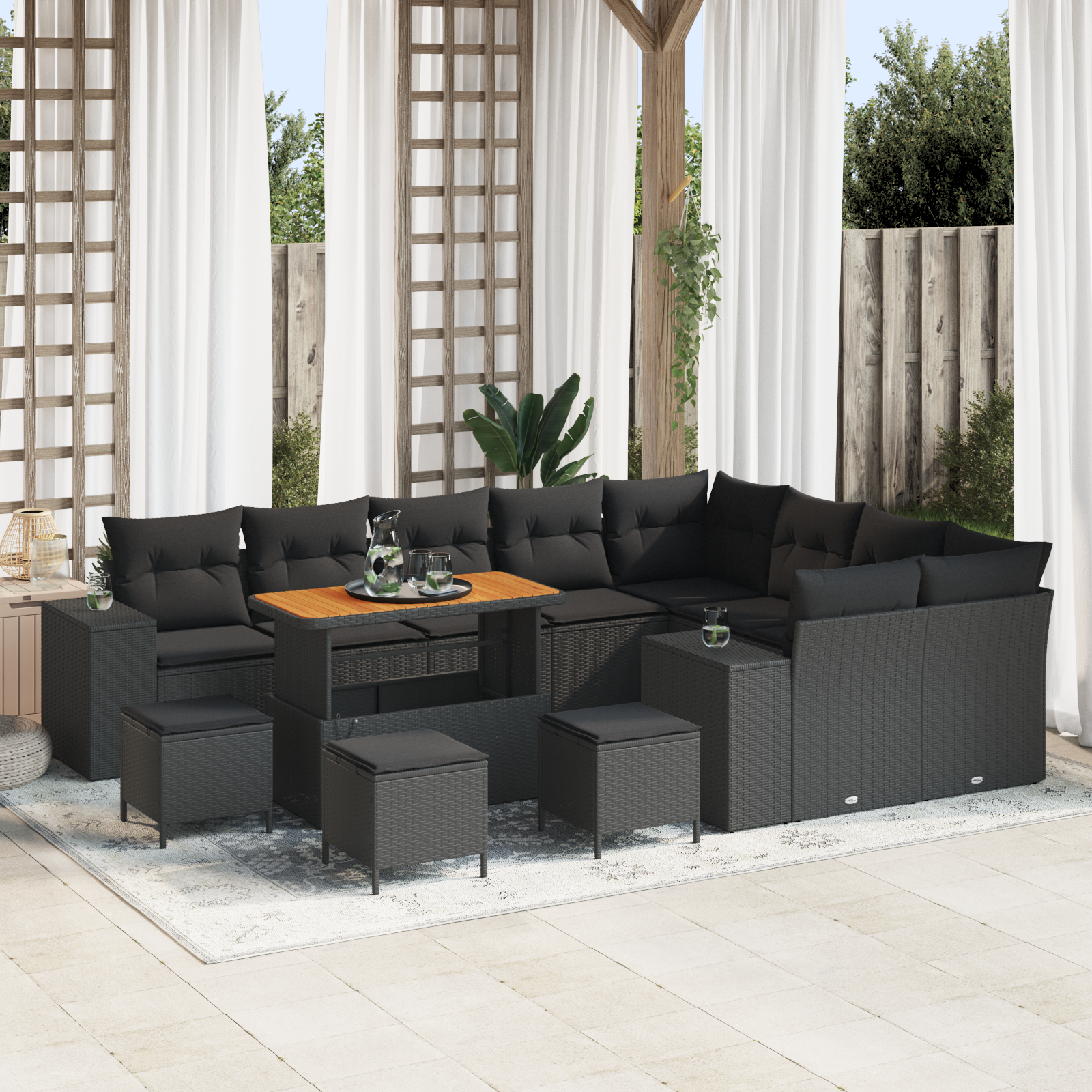 Havesofa Sæt 13 pcs Sort Polyrattan, stål og massivt akacietræ