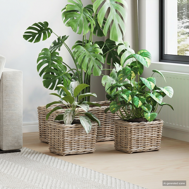 Planter Kurv med opbevaring 3 stk. Naturlig grå Kubu rattan