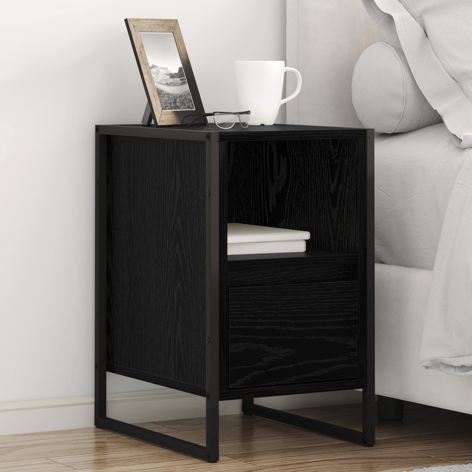 Sengebord med skuffe Sort eg 39,5 x 30 x 50 cm Konstrueret træ
