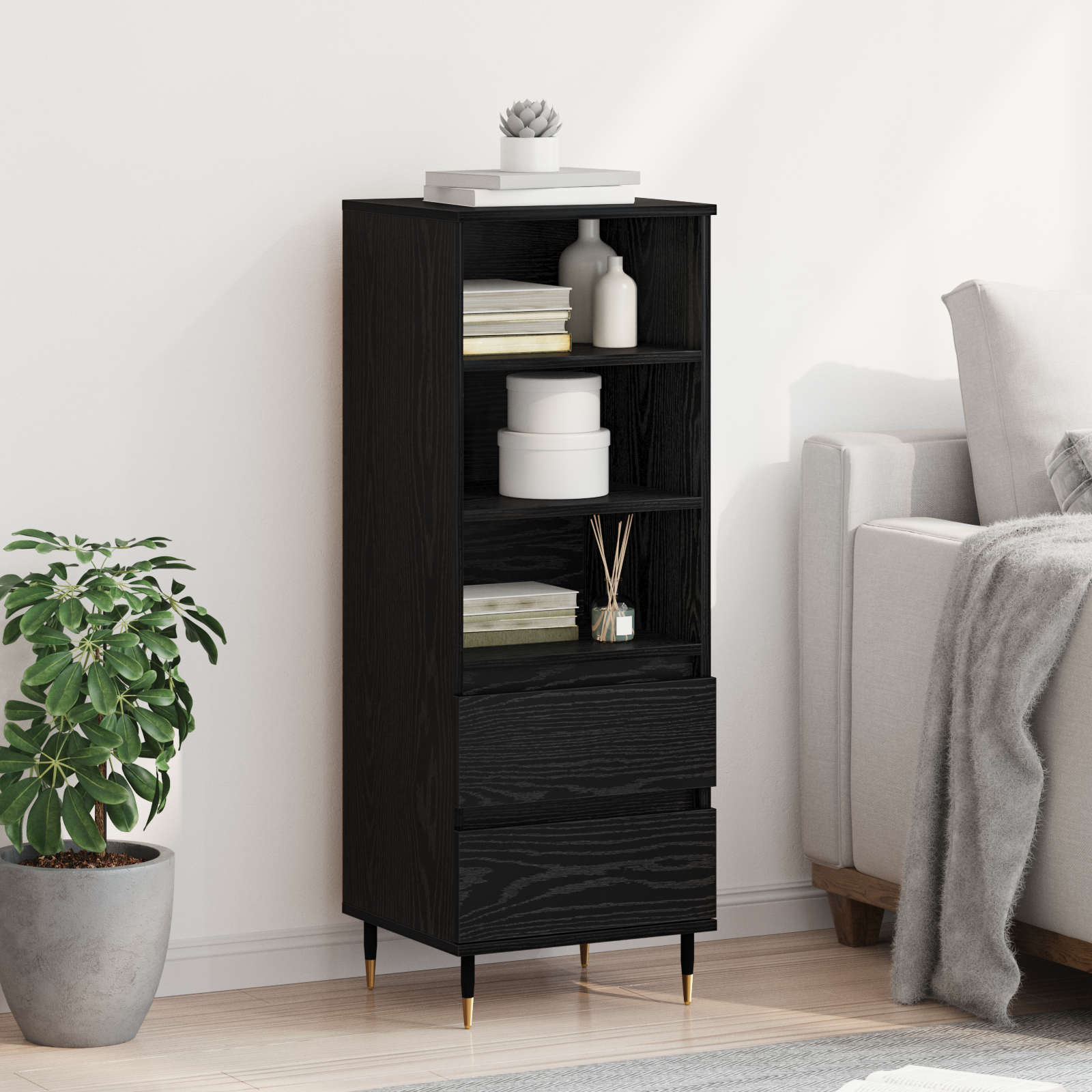 Highboard med skuffe Sort eg 40 x 36 x 110 cm Konstrueret træ