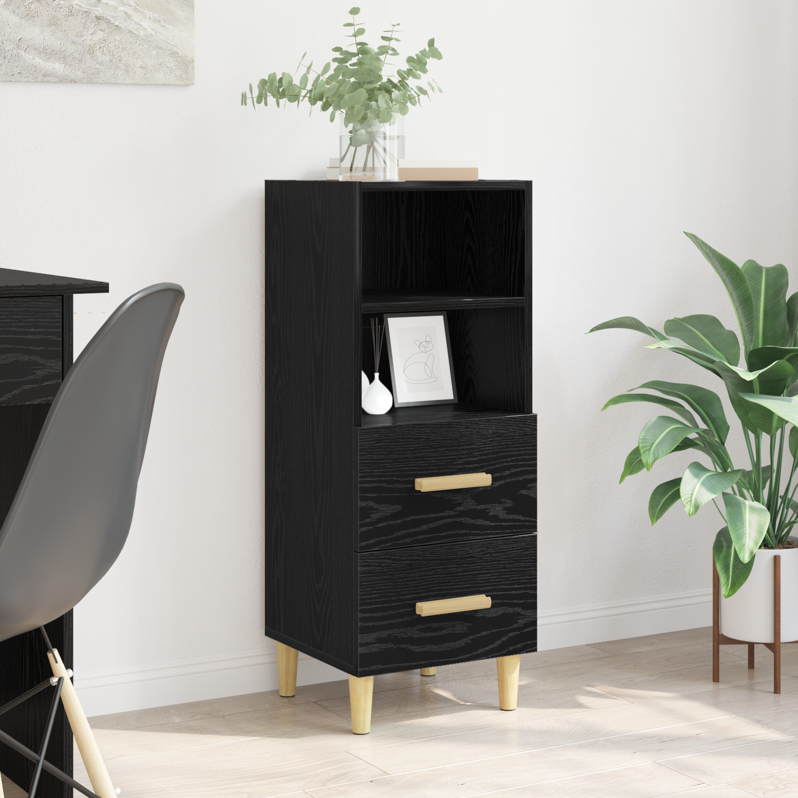Sideboard med skuffe Sort eg 34 x 34.5 x 90 cm Konstrueret træ