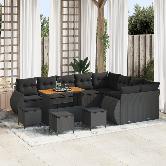 Havesofa Sæt med pude med opbevaring 13 pcs Sort Poly Rattan