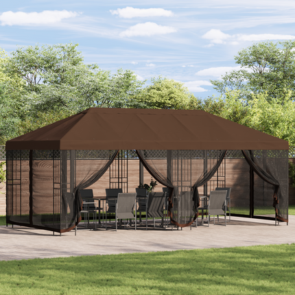 Pavillon med sidetapper 6 x 3 m Brun Polyester og Stål 190 gsm