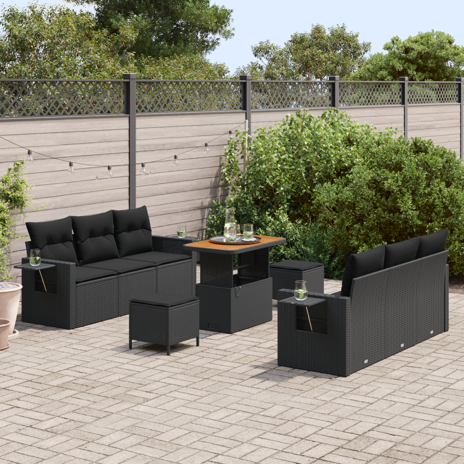 Havesofa Sæt 9 pcs Sort Polyrattan og pulverlakeret stål