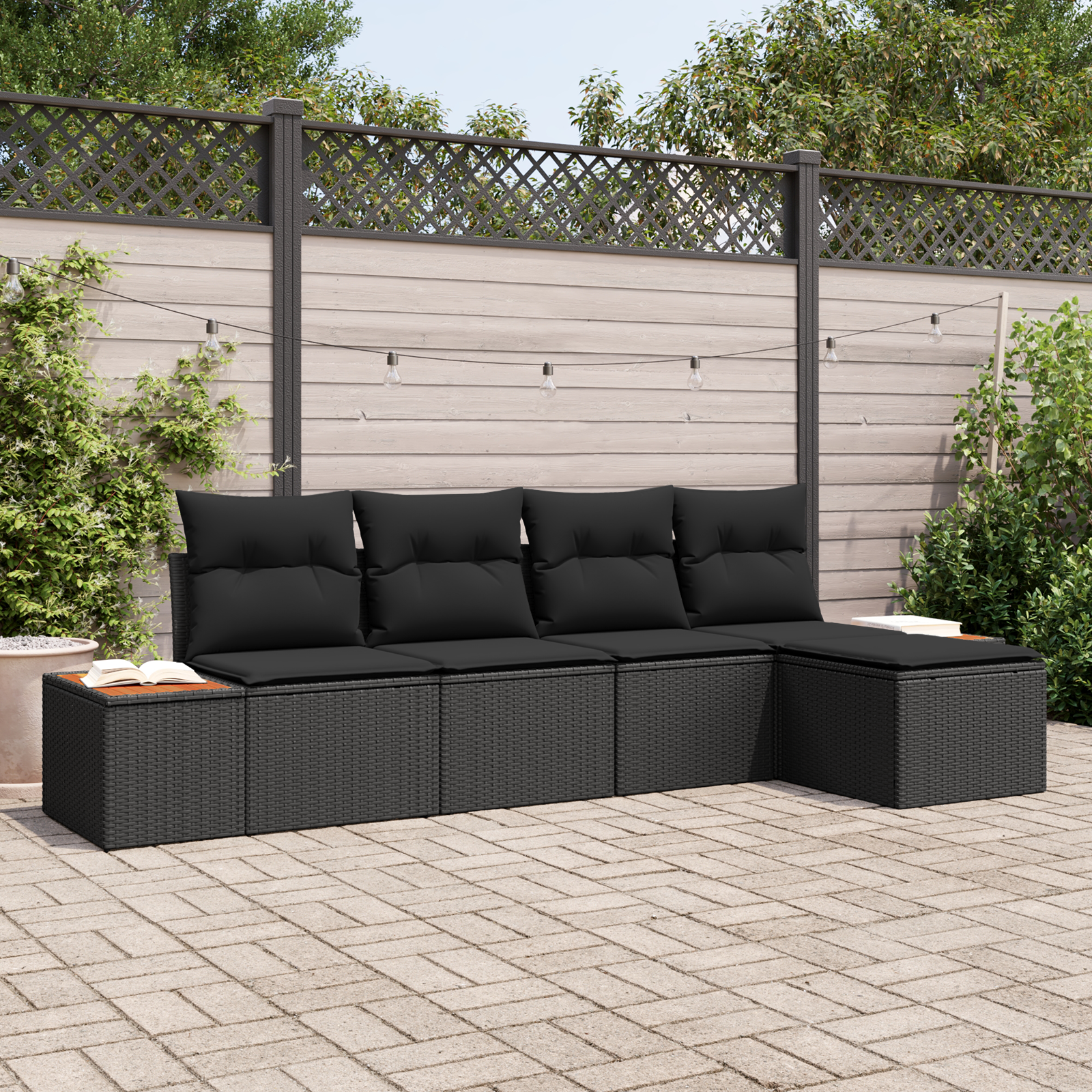 Havesofa Sæt med pude med opbevaring 6 pcs Sort Polyrattan