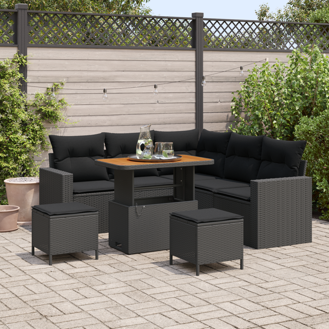 Havesofa Sæt med pude 9 pcs Sort polyrattan