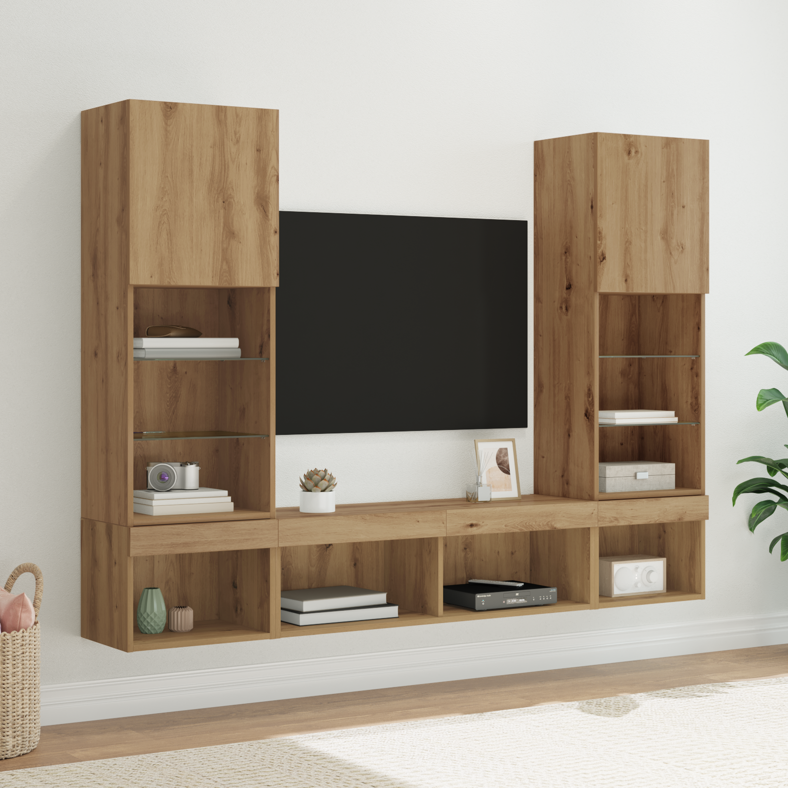 TV vægenheder med LED 5 pcs Artisan Egetræ Konstrueret træ