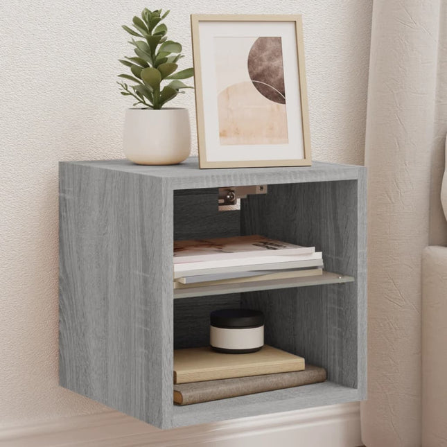 væghængt tv-bord med LED-lys 30x28,5x30 cm grå sonoma-eg