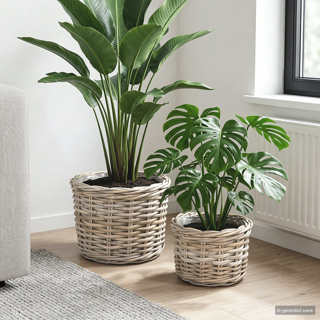 Plantekurv med opbevaring 2 stk. Naturlig grå Kubu rattan