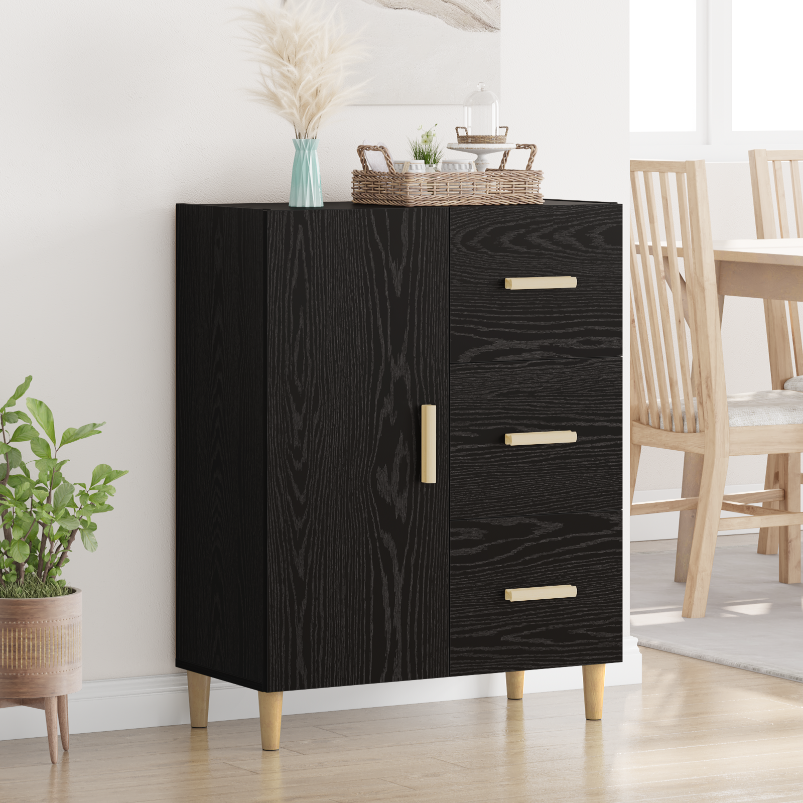 Sideboard med skuffe Sort eg 34 x 69,5 x 90 cm Konstrueret træ