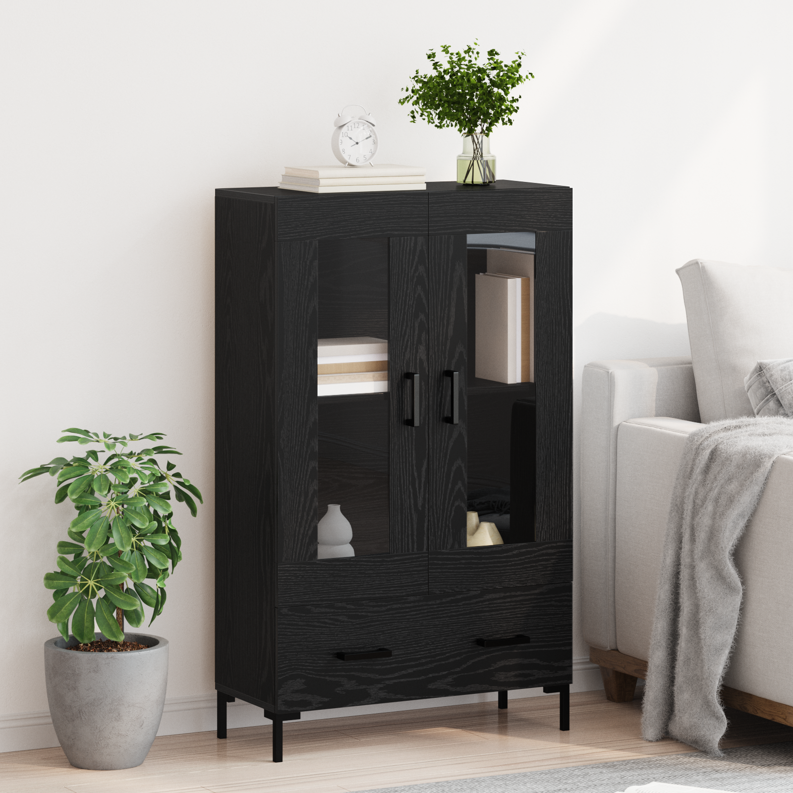 Highboard med skuffe Sort eg 69,5 x 31 x 115 cm Konstrueret træ