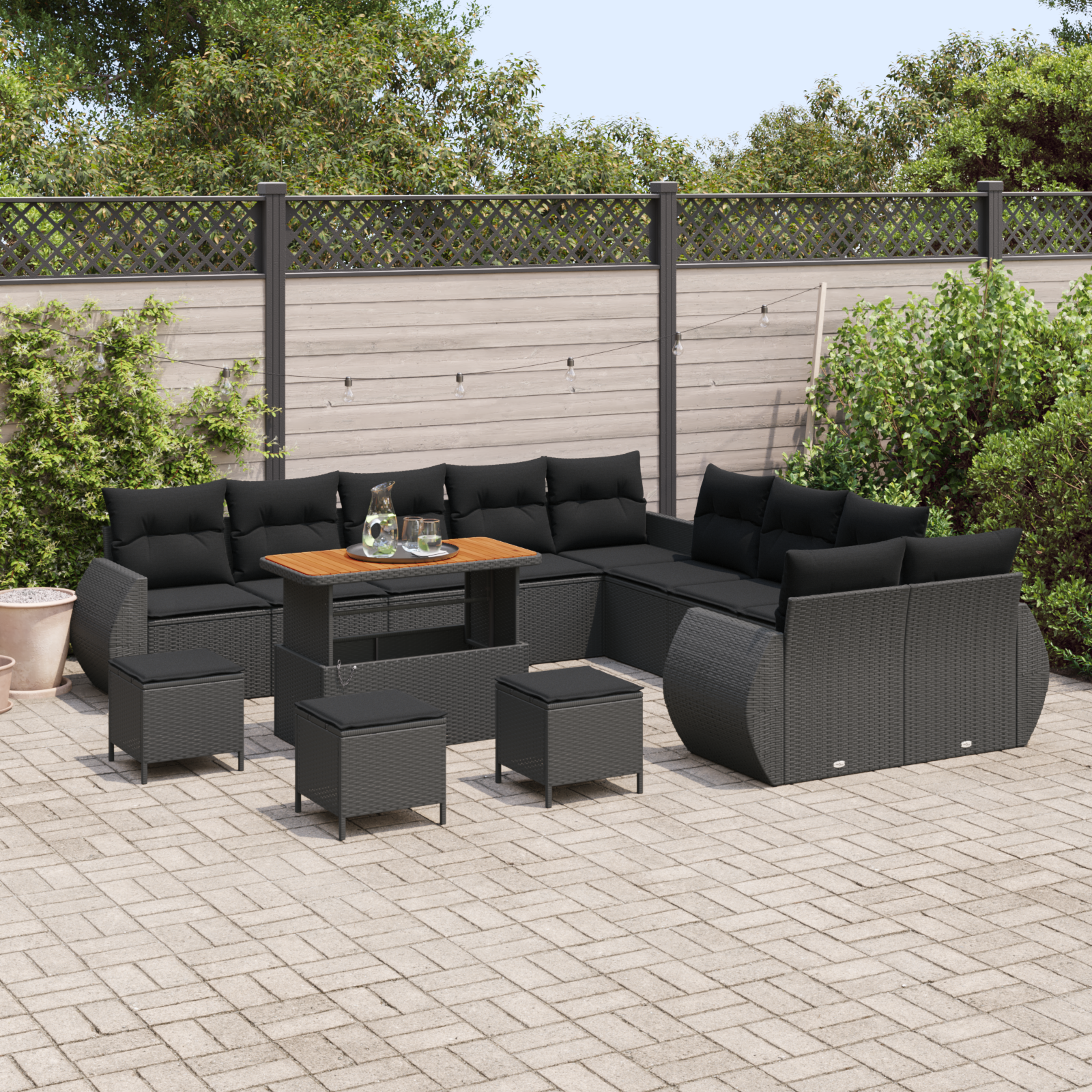 Havesofa Sæt 14 pcs Sort Polyrattan og pulverlakeret stål