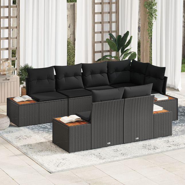 Havesofa Sæt med pude med opbevaring 7 pcs Sort Polyrattan
