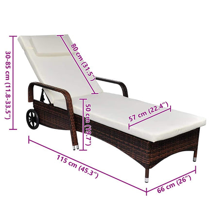 liggestol med hynde & hjul polyrattan brun