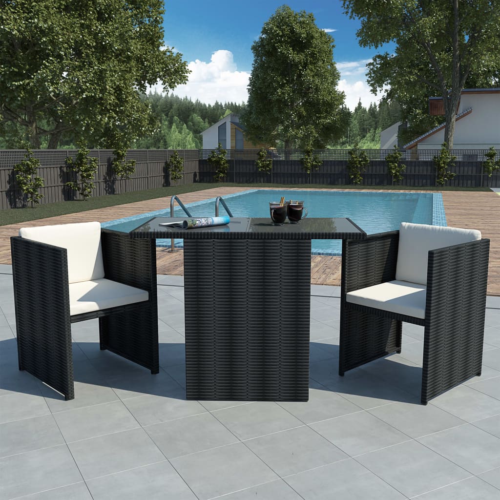 Bistrosæt 3 dele med hynder i sort polyrattan - havebord og 2 stole