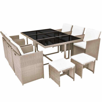 udendørs spisebordssæt 11 dele med hynder polyrattan beige