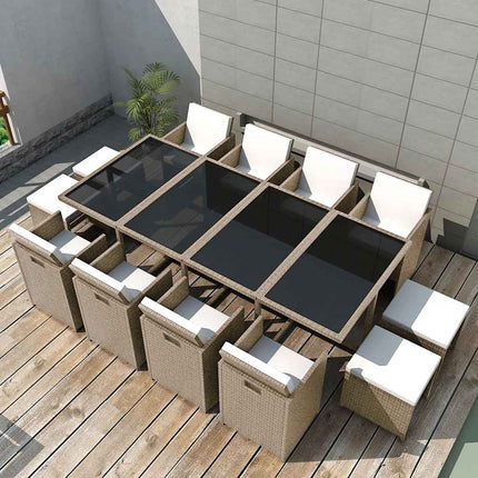udendørs spisebordssæt 13 dele med hynder polyrattan beige