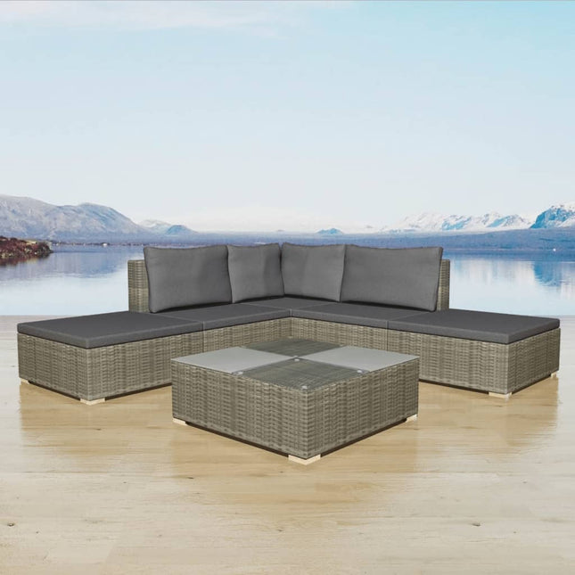 loungesæt til haven 6 dele med hynder polyrattan grå
