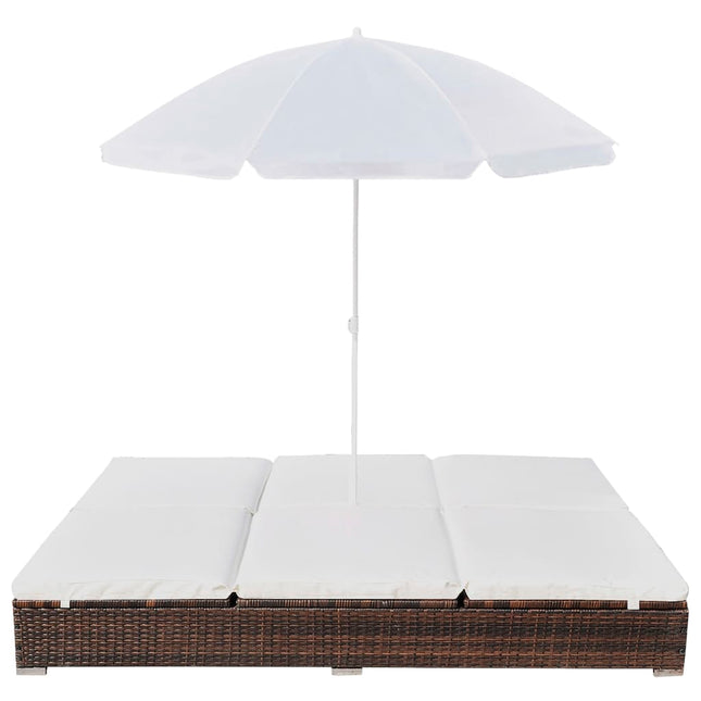 loungeseng med parasol polyrattan brun