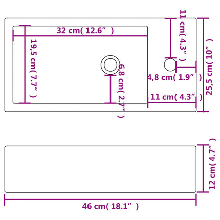 rektangulær håndvask med hul til vandhane keramik 46x25,5x12 cm hvid