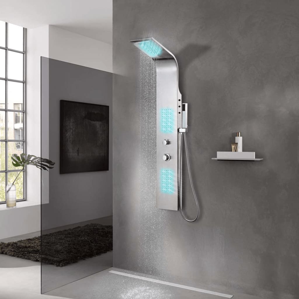 Brusepanel i rustfrit stål - buet design med LED, regn, vandfald, massage og håndbruser