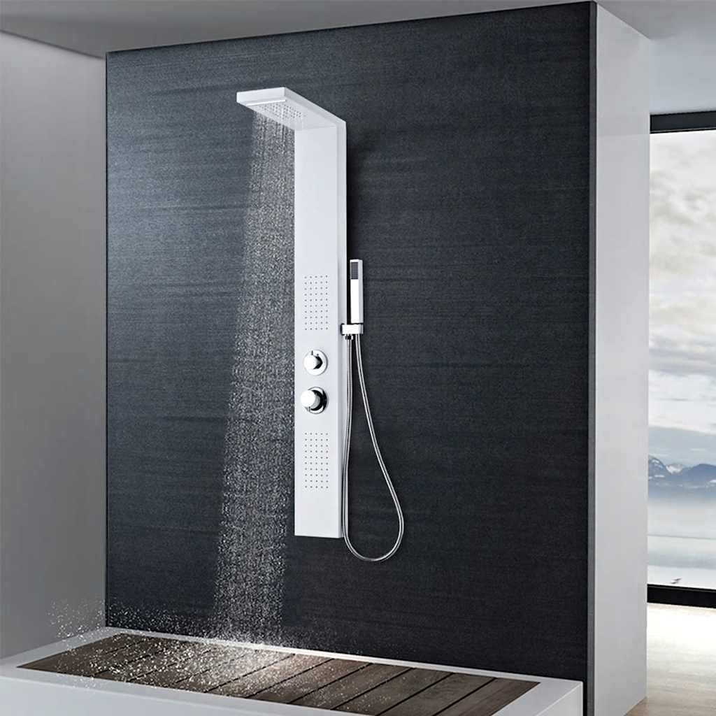 Brusepanelsystem i aluminium - mat hvid med regnbruser, vandfald og håndbruser