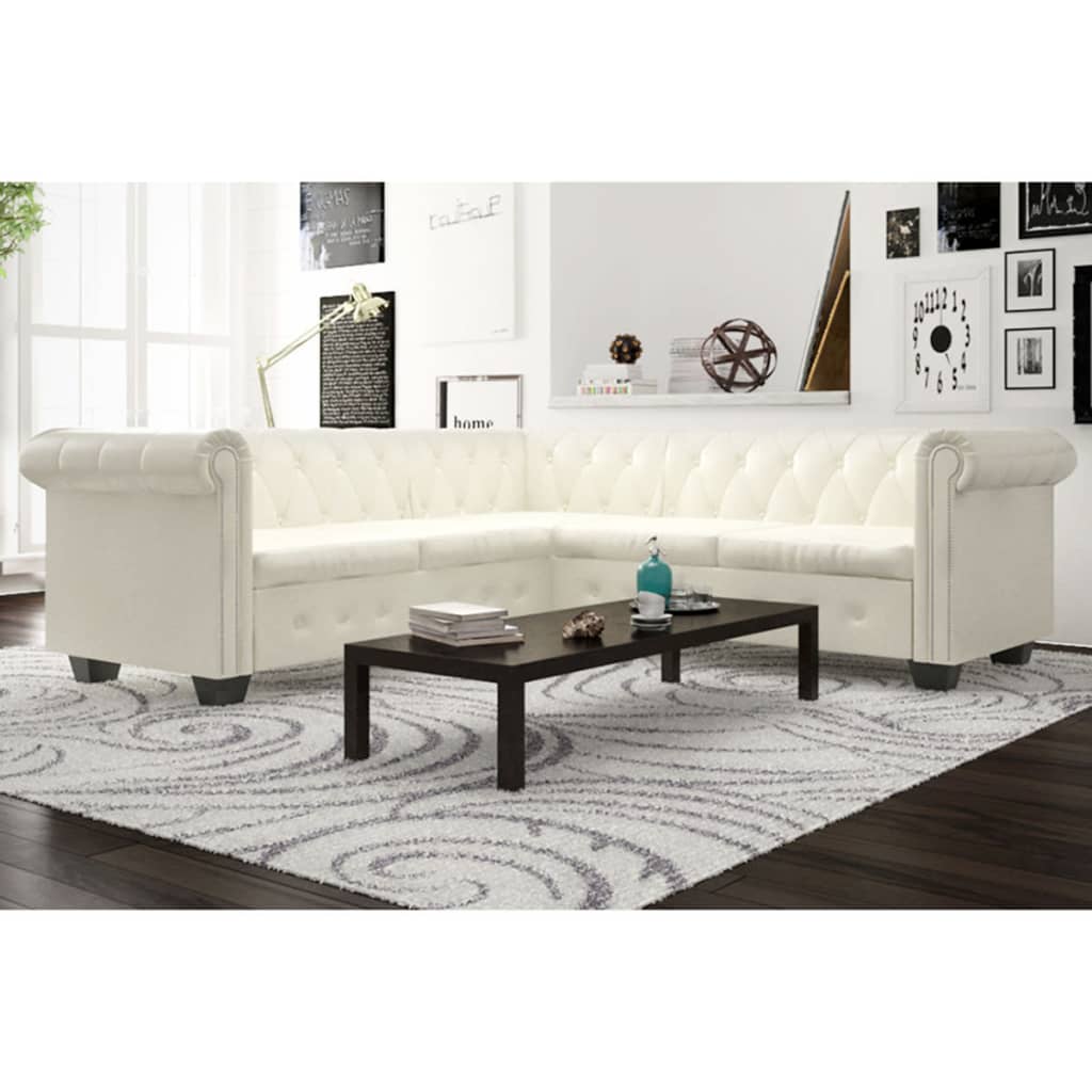 5-personers sofa Chesterfield-look kunstlder hvid