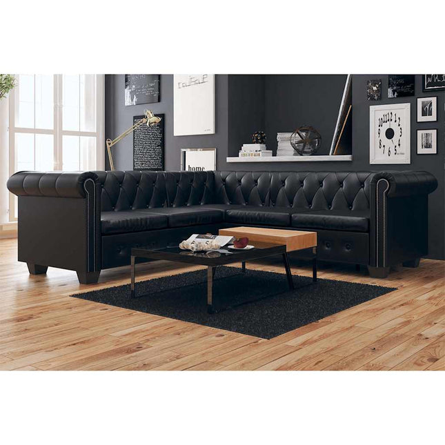 Chesterfield 5-personers hjørnesofa kunstlæder sort