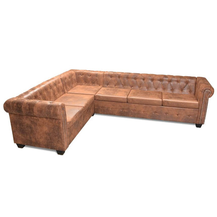 Chesterfield 6-personers hjørnesofa kunstlæder brun