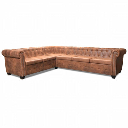 Chesterfield 6-personers hjørnesofa kunstlæder brun