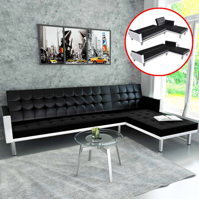 L-formet sovesofa i sort kunstlæder
