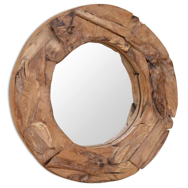 dekorativt spejl i teak 60 cm rundt