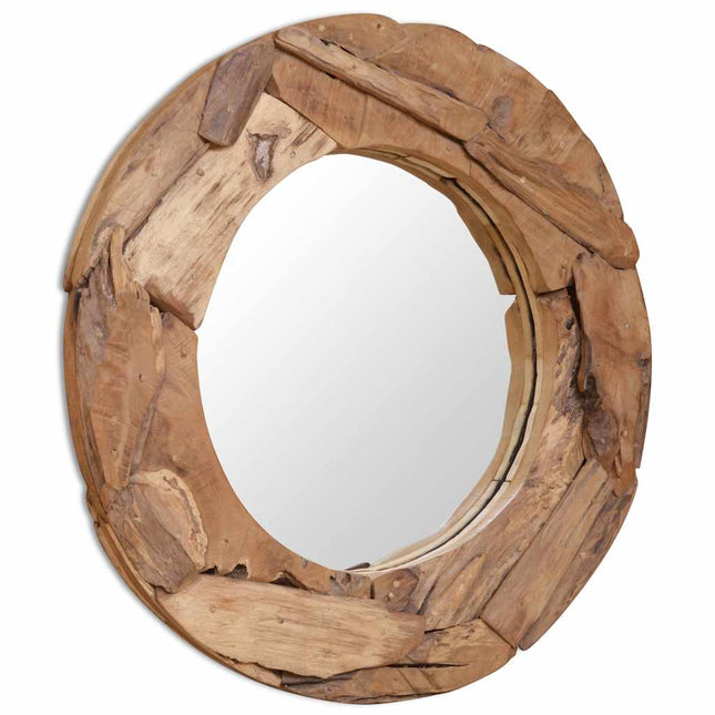 dekorativt spejl i teak 80 cm rundt