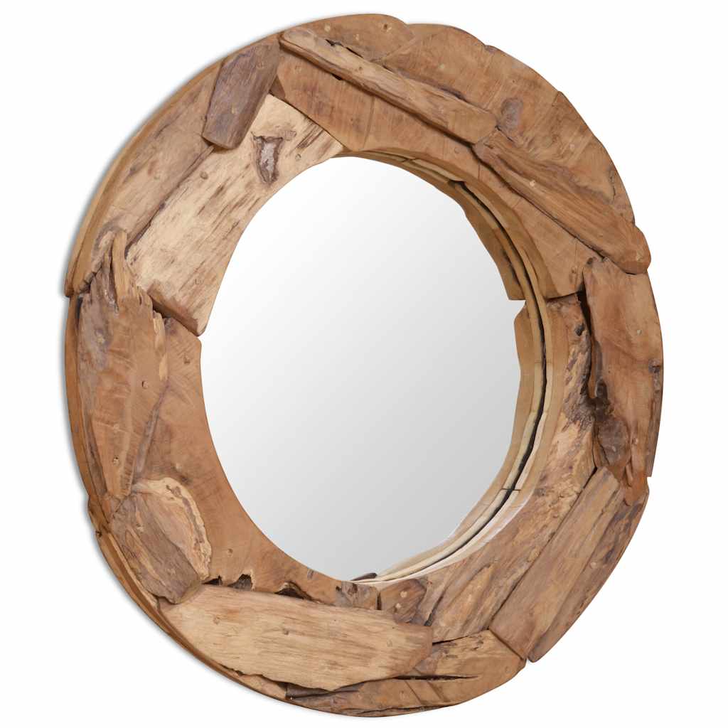 Rundt dekorativt spejl i teak - 80 cm