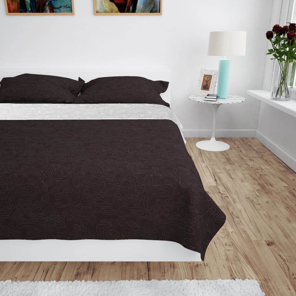 dobbeltsidet quiltet sengetæppe 220 x 240 cm cremehvid og brun billede
